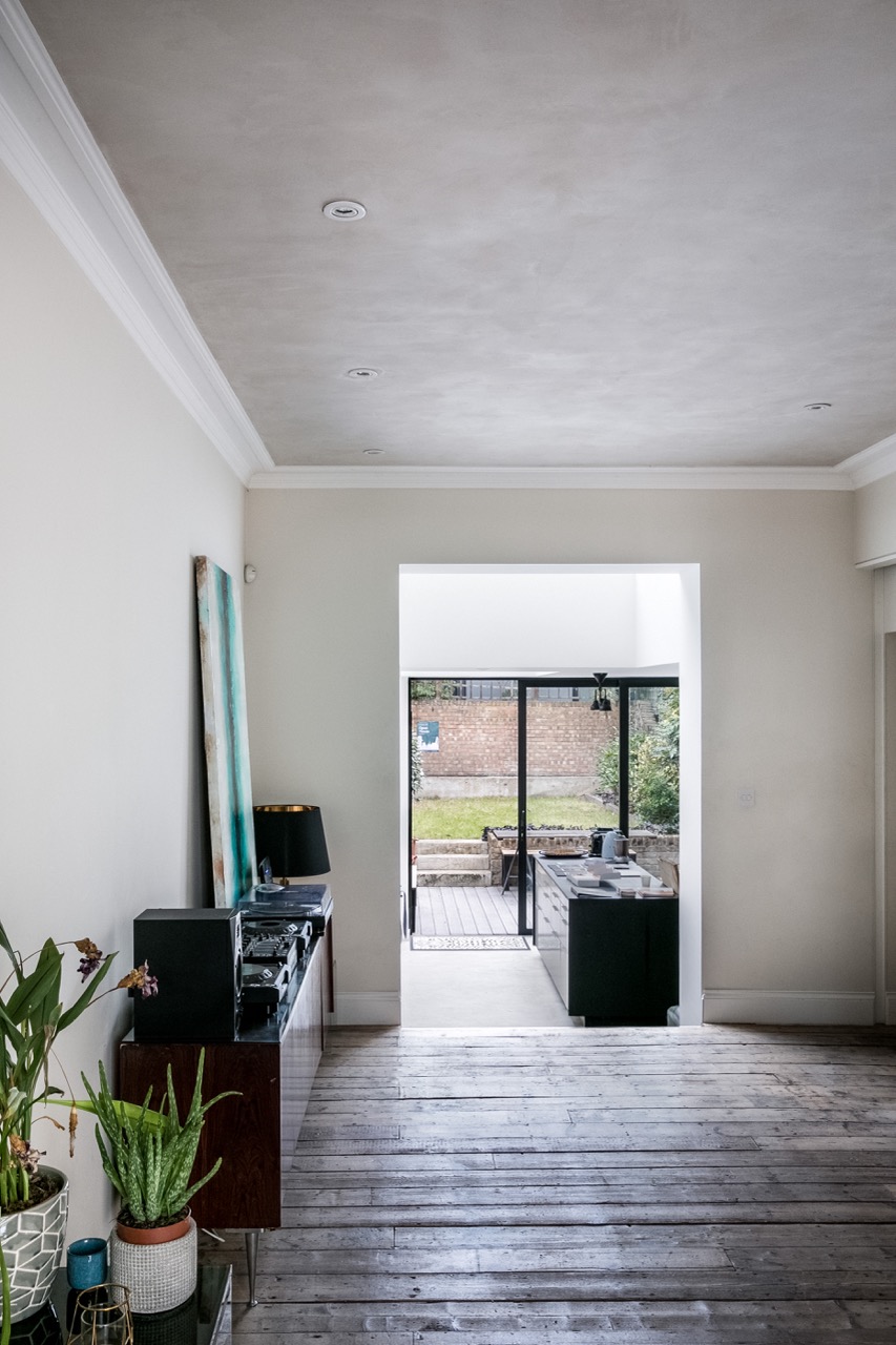 Through-building view with kitchen